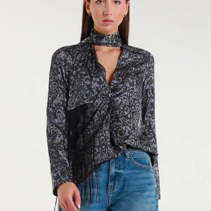 Camicia fantasia paisley con frange e dettaglio sciarpa