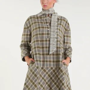 Abito-camicia a quadri con collo foulard