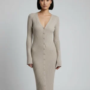 Abito Maglia Lungo a Costine con Bottoni