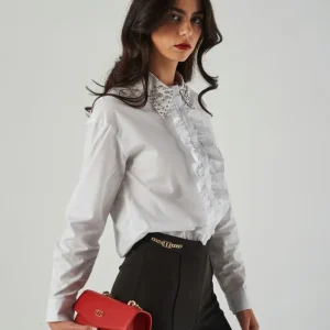 Camicia in Popeline con Rouches e Colletto Decorato