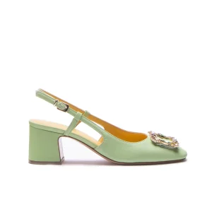 SLINGBACK IN NAPPA VERDE CON FIBBIA GIOIELLO E TACCO MEDIO A BLOCCO 5CM